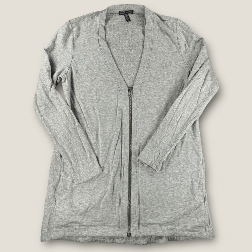 Eileen Fisher Womens Gray Heather Tencel Stretch Full‎ Zip Longline Cardigan